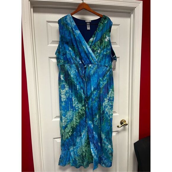 Catherine’s Blue & Green Watercolor Stud Embellished Sleeveless Maxi Dress sz 5X - Picture 1 of 9